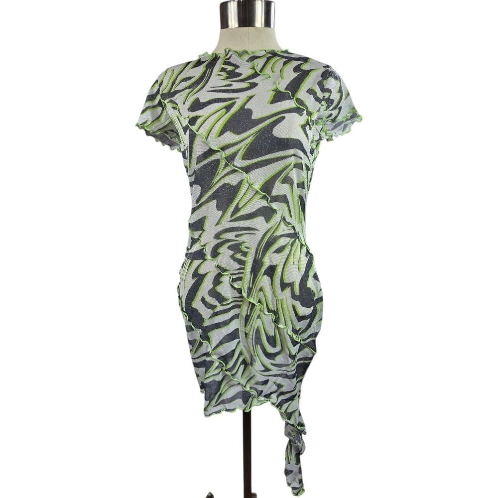 ASYOU Exposed Seam Asymmetric Glitter Mesh Dress in Abstract Print